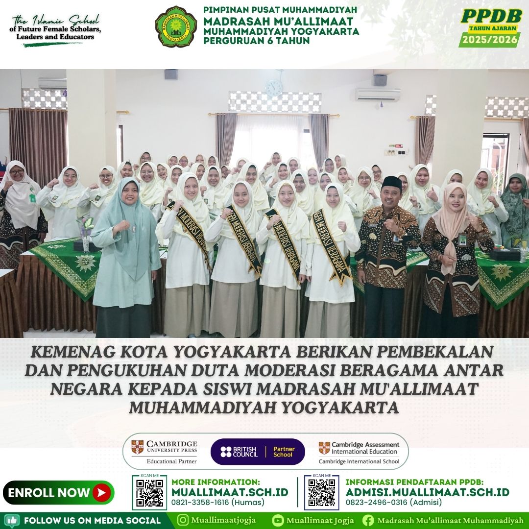 KEMENAG KOTA YOGYAKARTA BERIKAN PEMBEKALAN DAN PENGUKUHAN DUTA MODERASI BERAGAMA ANTAR NEGARA KEPADA SISWI MADRASAH MU'ALLIMAAT MUHAMMADIYAH YOGYAKARTA